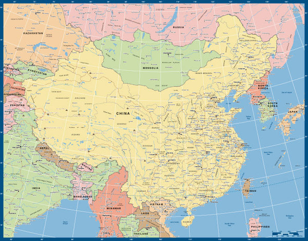 Custom Political Road Map of China and surrounds.